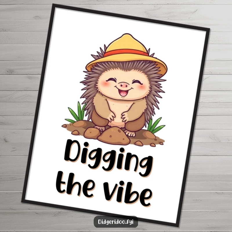 Funny Poster of a cheerful echidna wearing a sun hat, happily digging with a grin. Humorous and sunny wall art.