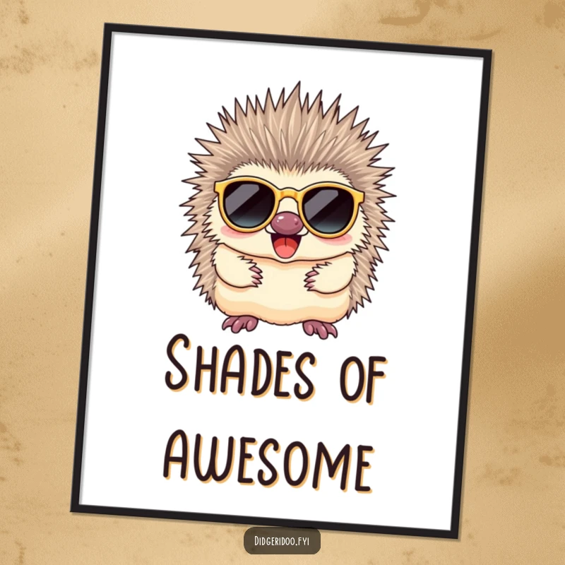 Funny echidna with prominent quills, wearing stylish sunglasses, radiating a hilariously cool and laid-back attitude.