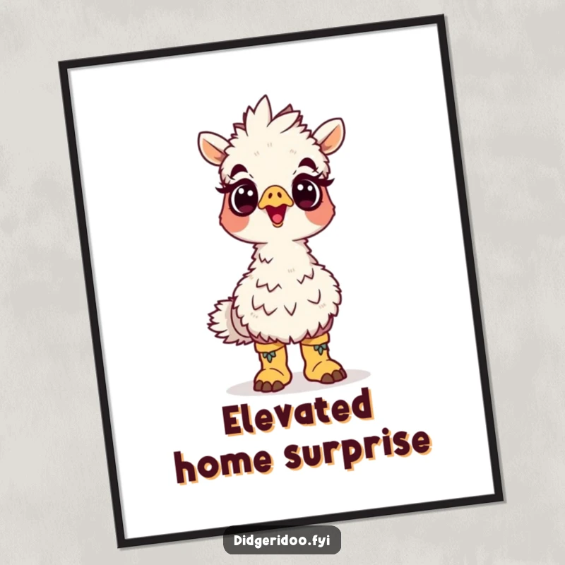 Funny emu boots poster showing a surprised cartoon emu wearing tiny boots looking up, adding humorous bird-themed art.