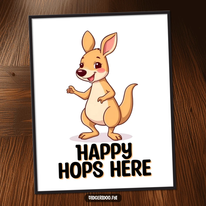 Funny smiling kangaroo character performing a silly little jig, presented as vibrant wall art, perfect for dance studios.