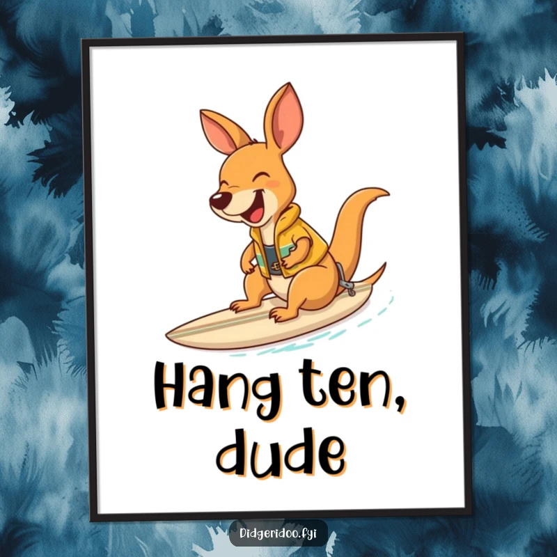 Funny laughing kangaroo wearing a surf vest riding a small surfboard, a comical and artistic wall decoration.