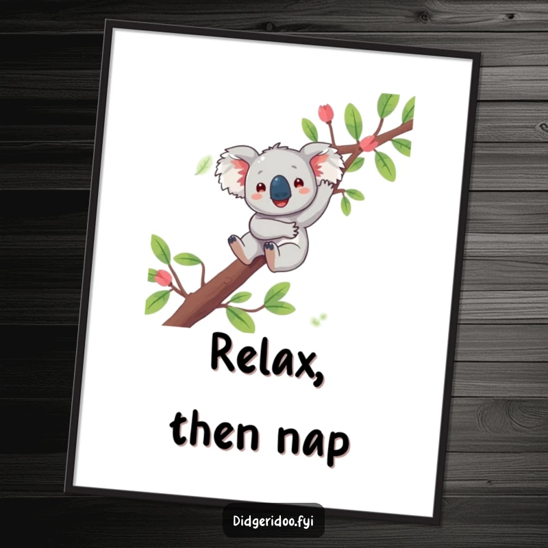 Funny koala poster depicting a playful character happily dangling from a eucalyptus branch, capturing serene Aussie cuteness and chill vibes.