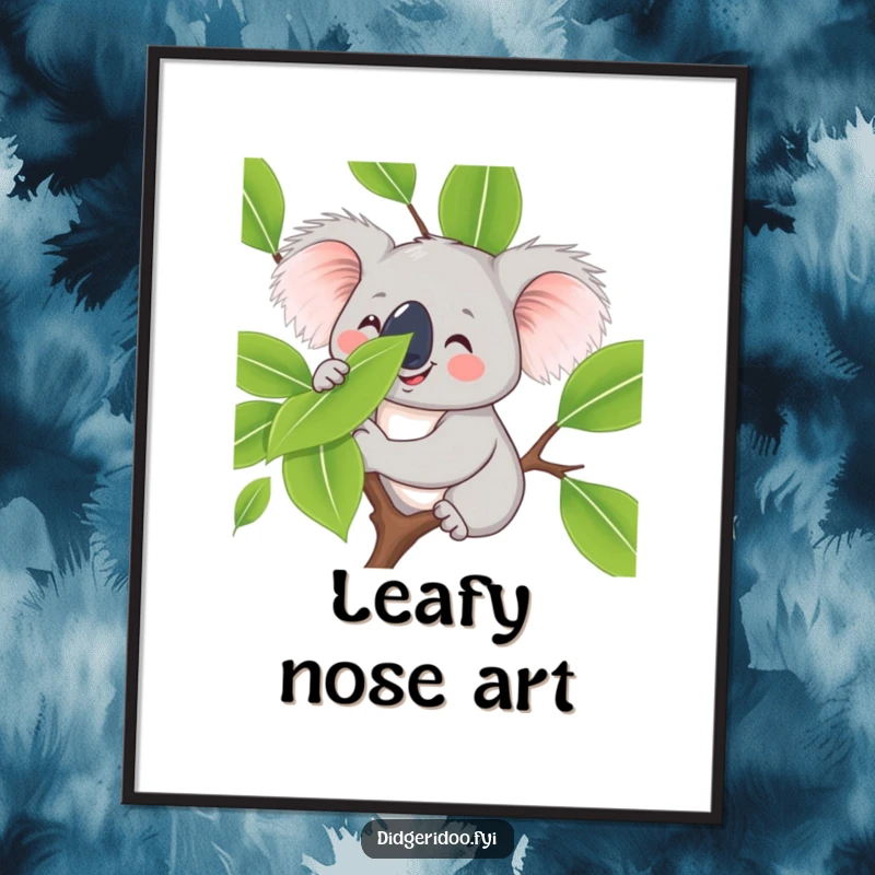 Funny koala character poster, smiling and playfully balancing a eucalyptus leaf on its nose, bringing calm, cute, and humorous art to any space.