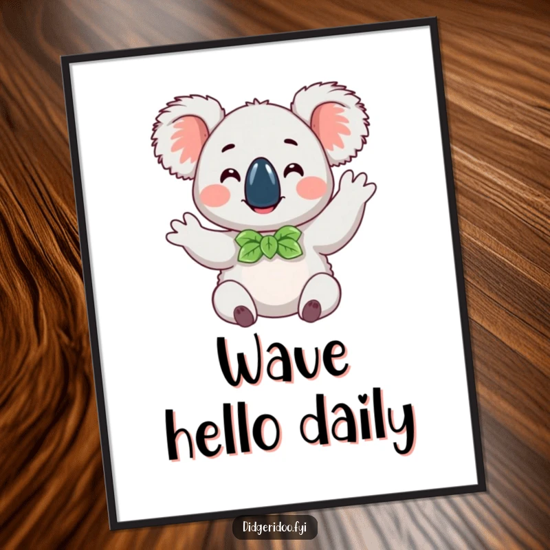Funny happy koala wearing a eucalyptus leaf bow tie, doing a cheerful wave, a whimsical and humorous poster for charming wall art.