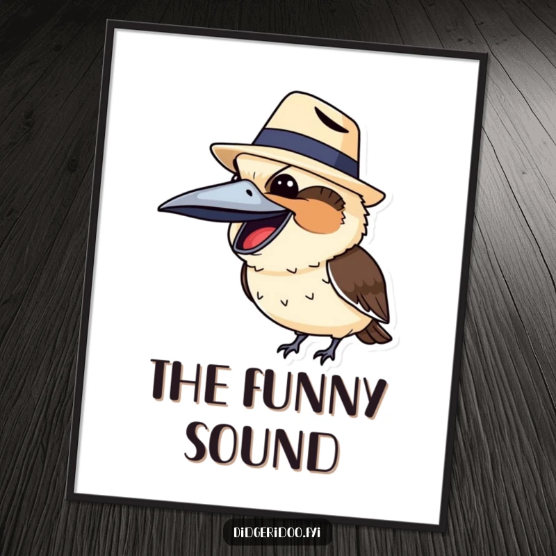Funny kookaburra wearing a miniature Akubra hat, captured mid-laugh, bringing humorous Australian charm to any wall.