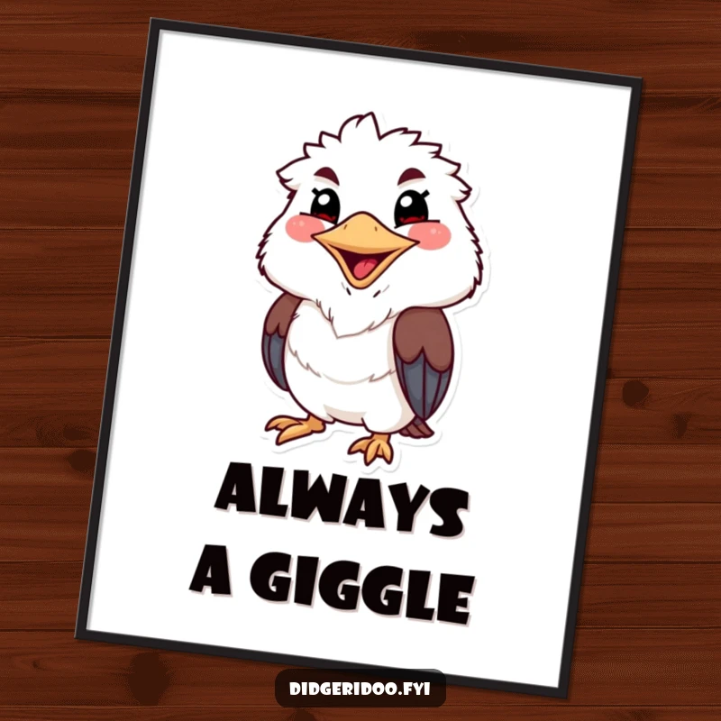 Funny kookaburra poster depicting a grinning character with a wide, cheerful beak, poised to share contagious laughter.