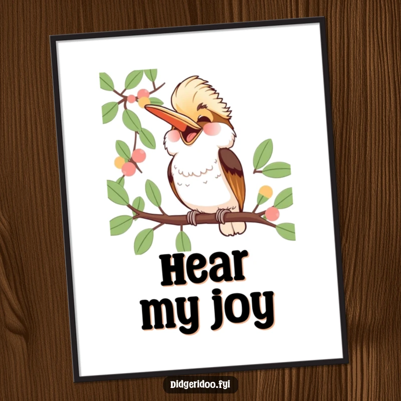 Funny Kookaburra Poster: a jubilant kookaburra laughs heartily from a eucalyptus branch, bringing contagious Aussie humor and cheer to any wall.