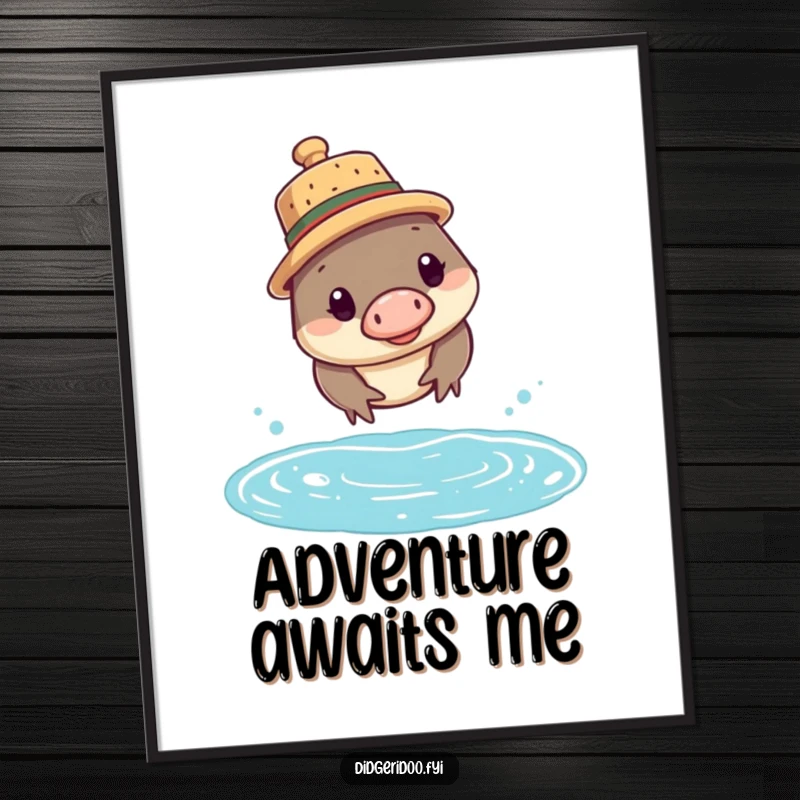 Funny platypus poster showing a curious platypus wearing a cork hat, captured mid-dive, full of wonder.