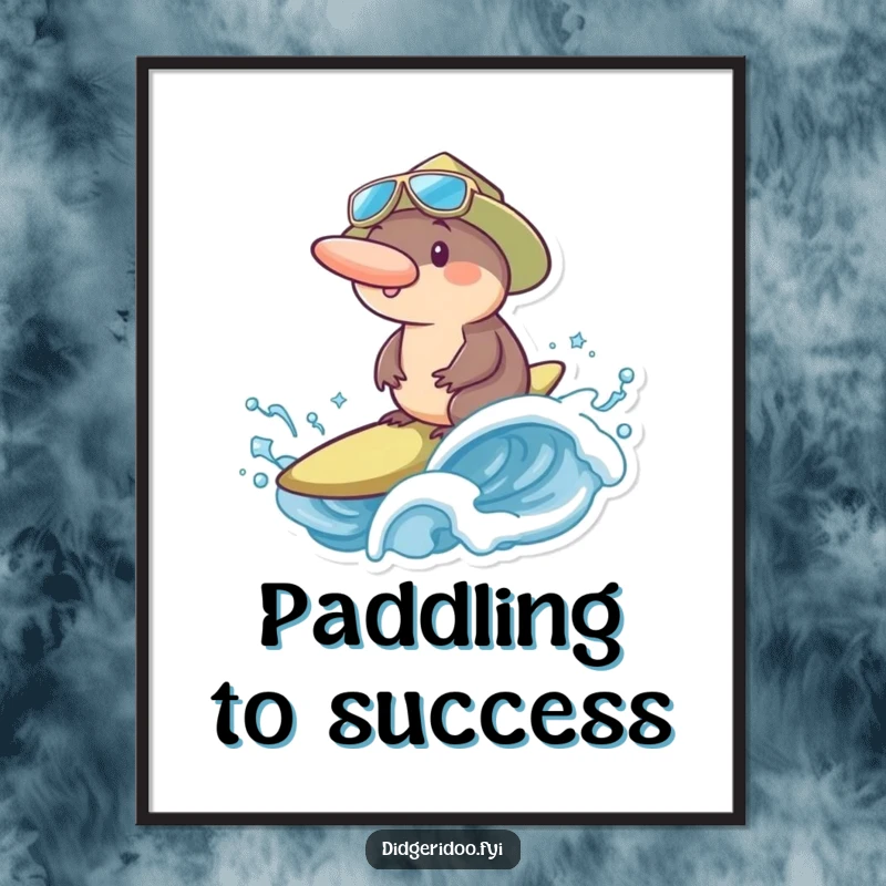 Funny platypus in a surf hat masterfully riding a big ocean wave, bringing a sense of dynamic action and humorous aquatic fun.