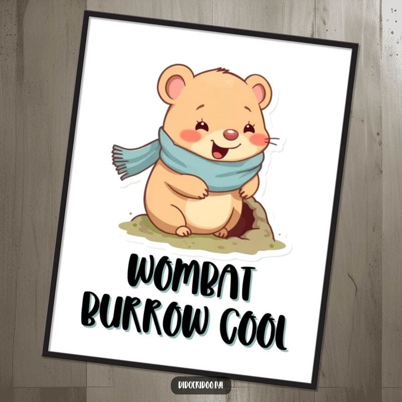 Funny wombat poster of a happy wombat in a scarf, digging a small hole, charming wall art.