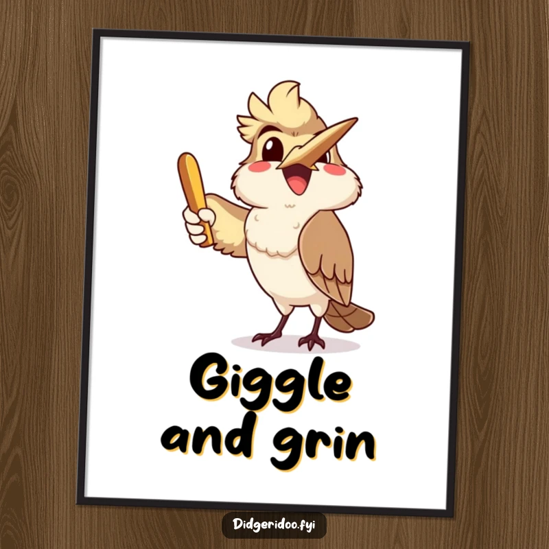 Funny, delighted kookaburra character mid-boomerang throw, displayed as a lively piece of Australian-themed wall art.