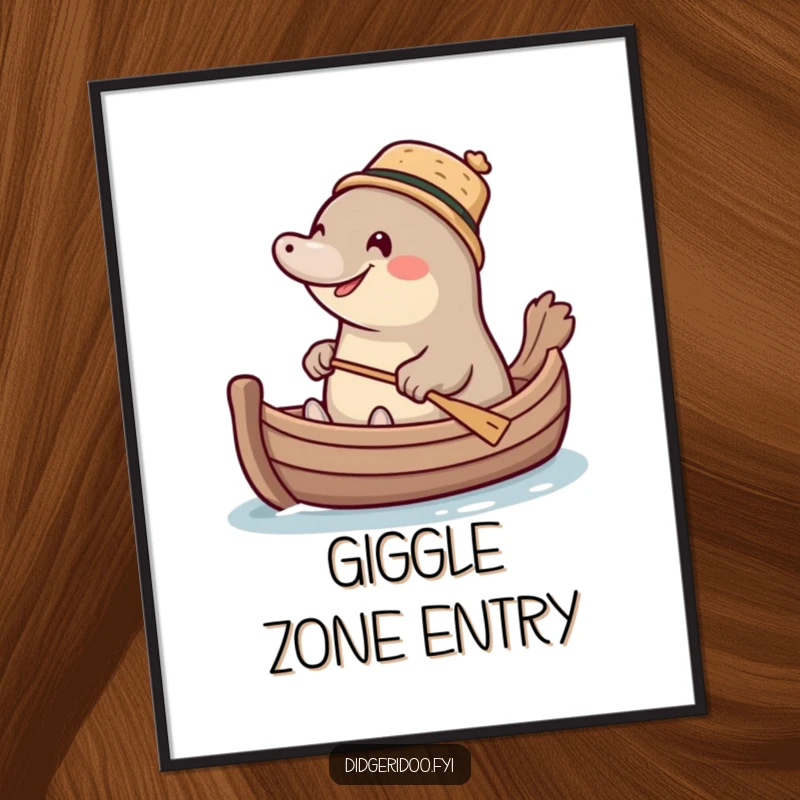 Funny giggling platypus wearing a tiny cork hat, paddling a miniature boat, a whimsical and humorous poster for charming wall art.