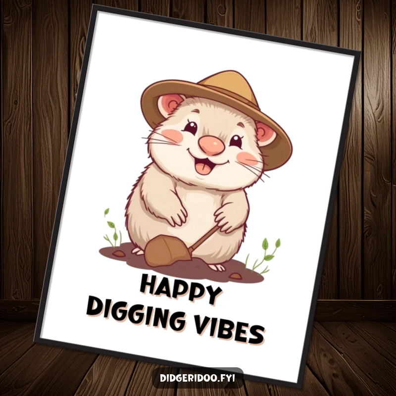 Funny poster showcasing a cheerful wombat wearing a gardening hat, happily digging, creating a joyful outdoor scene.