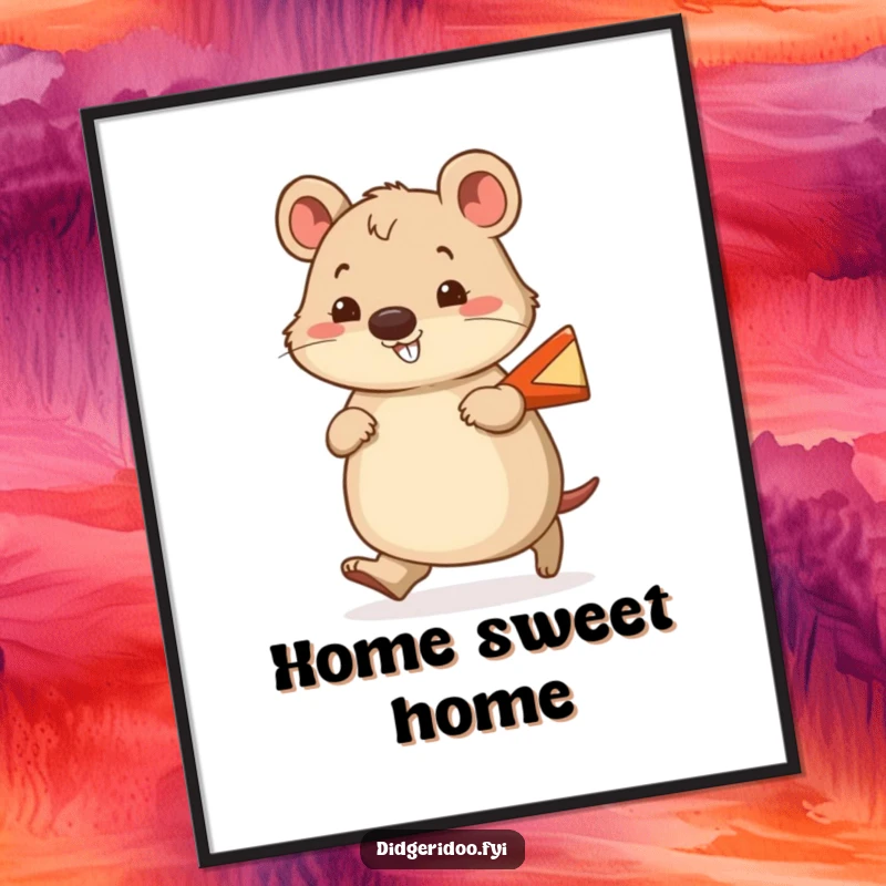 Funny wombat poster showing a cheerful wombat waddling with a smile, carrying a tiny boomerang, bringing joy.