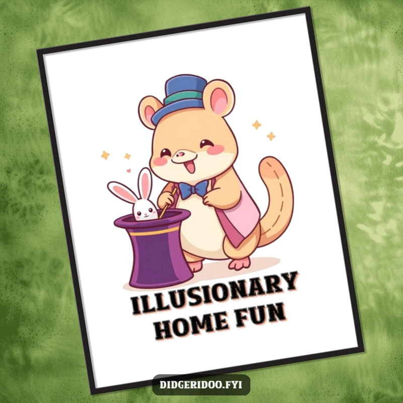 Funny platypus magician poster showing a giddy cartoon platypus pulling a rabbit from a hat, adding humorous magic art.