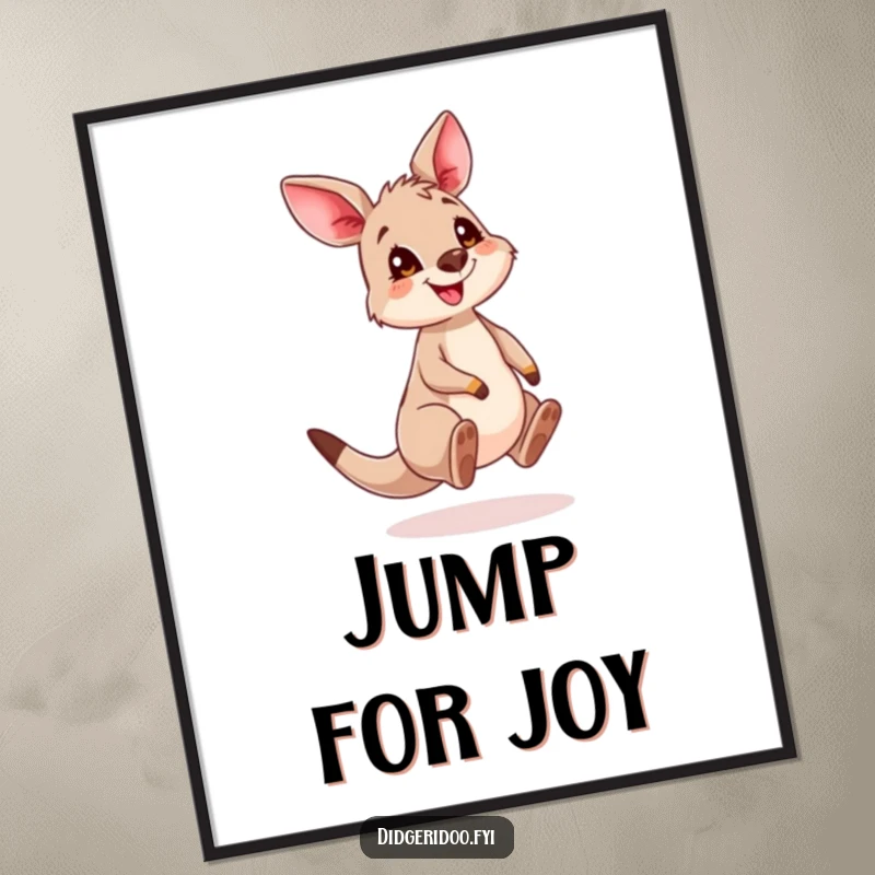 Funny Kangaroo Cub Poster capturing a cute, grinning joey mid-bounce, radiating pure unadulterated happiness on your wall.