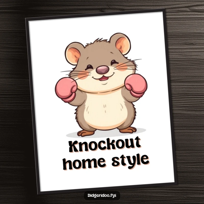 Funny wombat boxer poster showcasing a cartoon wombat with boxing gloves dodging, adding humorous wall art to any room.