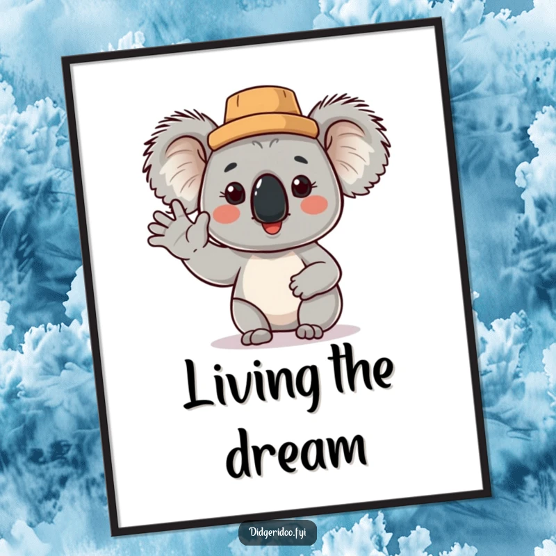 Funny Koala Poster: a proud and friendly koala in a cork hat, giving a cheerful wave, bringing Australian humor to any wall.