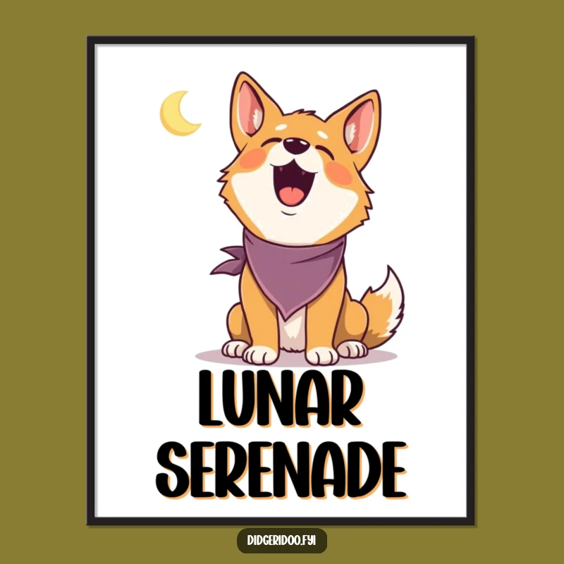 Funny Dingo Howling Poster: Art print of a delighted dingo bandana howling at moon, a unique funny gift.