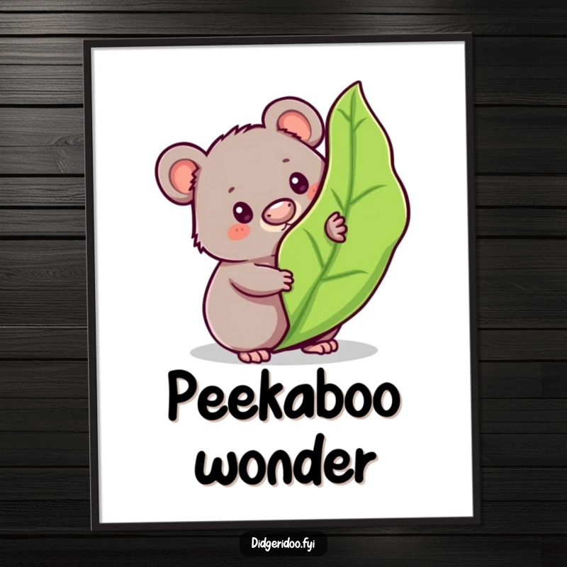 Funny wombat poster depicting a curious character peeking from behind a bouncy, stylized gum leaf, capturing endearing Aussie charm.