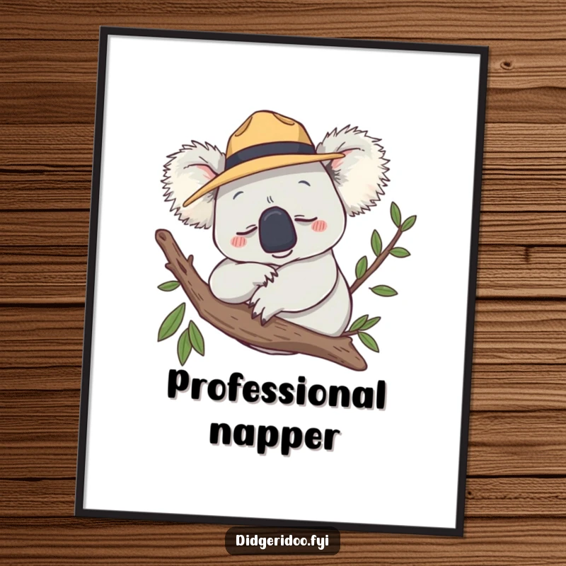 Funny Poster art of a smiling koala in an Akubra hat, snoozing on a branch, bringing calm humor.