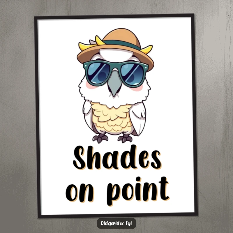 Funny cheerful cockatoo wearing sunglasses and an Akubra hat, presented as vibrant wall art, perfect for sunny rooms.