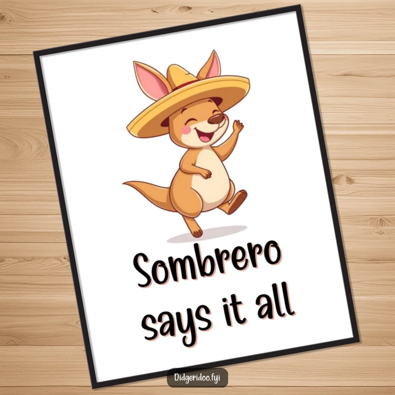 Funny Kangaroo Sombrero Poster: A vibrant artwork of a kangaroo in a sombrero, joyfully bouncing, adding humor to any wall.