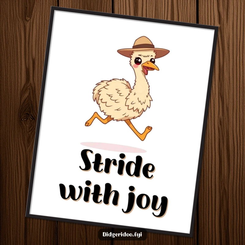 Funny poster showcasing a smiling emu wearing a hat, running with impressive long strides, creating a dynamic scene.