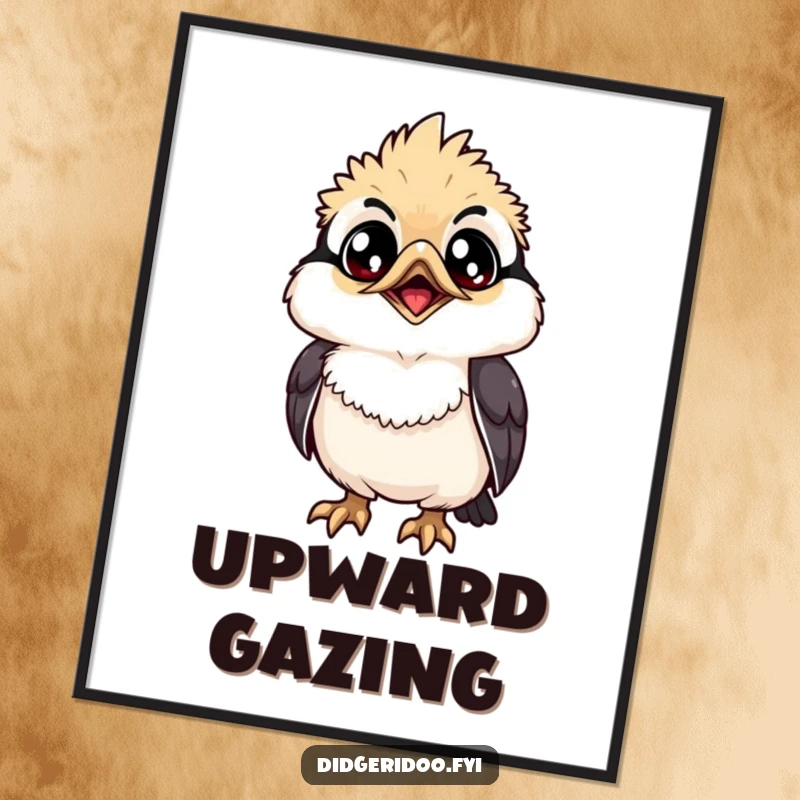 Funny Poster: A grinning kookaburra with wide eyes looks up, a whimsical and eye-catching wall decoration.