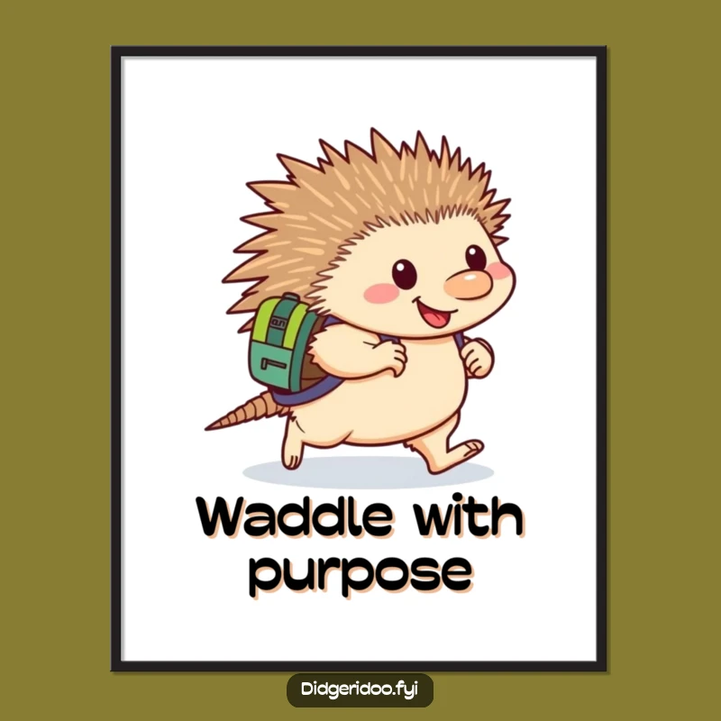 Funny Echidna Determined Poster: Motivational art of a happy echidna backpack waddling, a unique funny gift.