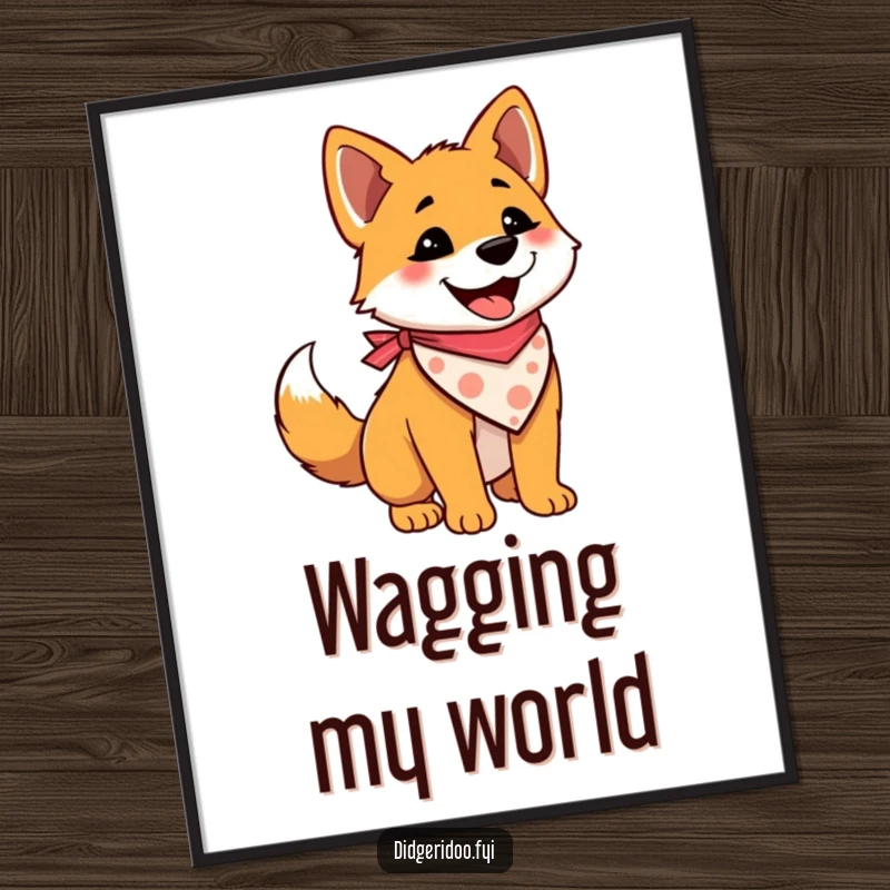 Funny wall art print of a delighted dingo wearing a bandana and wagging its tail, radiating happiness and charm.