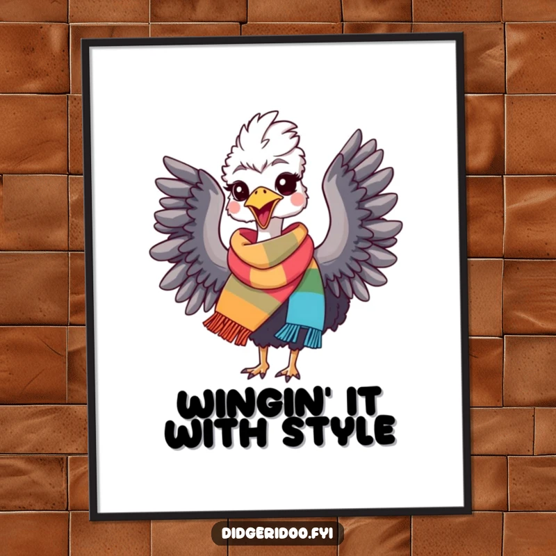 Funny Emu Poster: Vibrant wall art of a happy emu in a scarf, flapping wings with delight. A perfect funny gift.