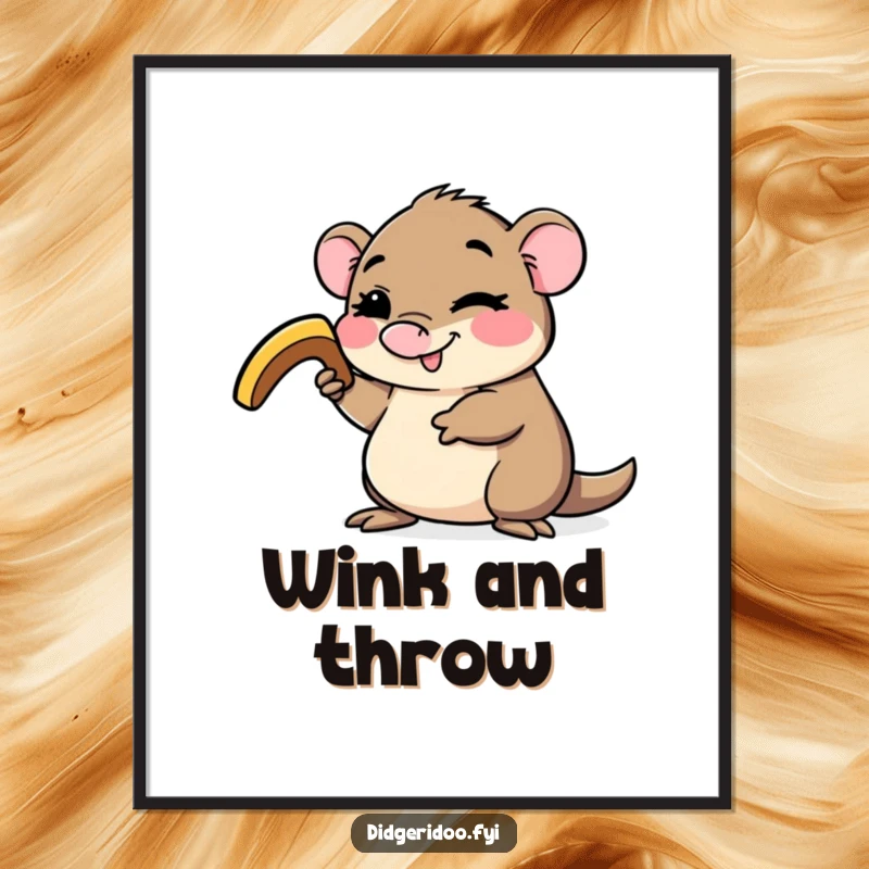 Funny platypus character poster, winking and playfully balancing a boomerang, bringing quirky Australian adventure and cheerful vibes to wall decor.