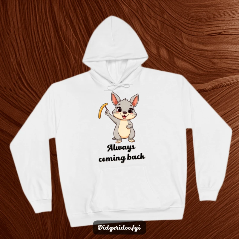 Funny wallaby boomerang hoodie featuring a cheerful cartoon wallaby waving a boomerang, a warm and humorous clothing gift.