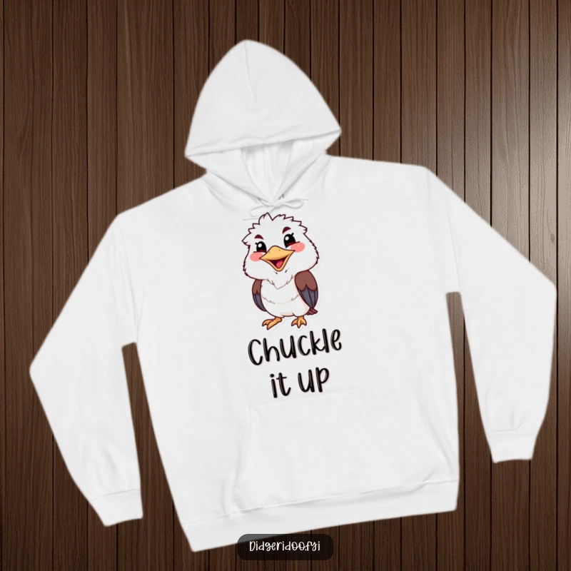 Funny kookaburra hoodie featuring a grinning character with a wide, cheerful beak, embodying infectious Aussie humor and warmth.