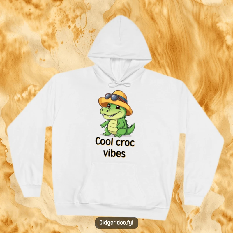 Funny crocodile hoodie, wearing a cool hat, giving a friendly toothy grin, cozy and humorous design.