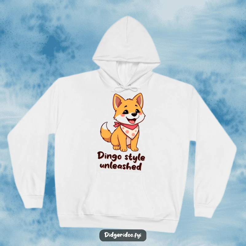 Funny and cozy hoodie featuring a delighted dingo wearing a bandana and wagging its tail, perfect for warmth and humor.