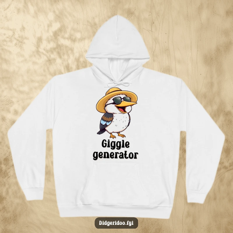 Funny Hoodie of a cheerful kookaburra wearing a sun hat, laughing heartily with infectious joy.