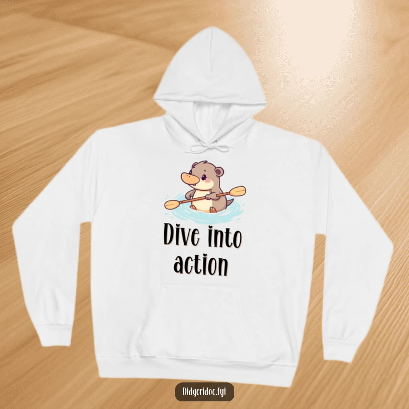 Funny platypus hoodie featuring a determined character paddling energetically through stylized water, offering warmth and Aussie spirit.
