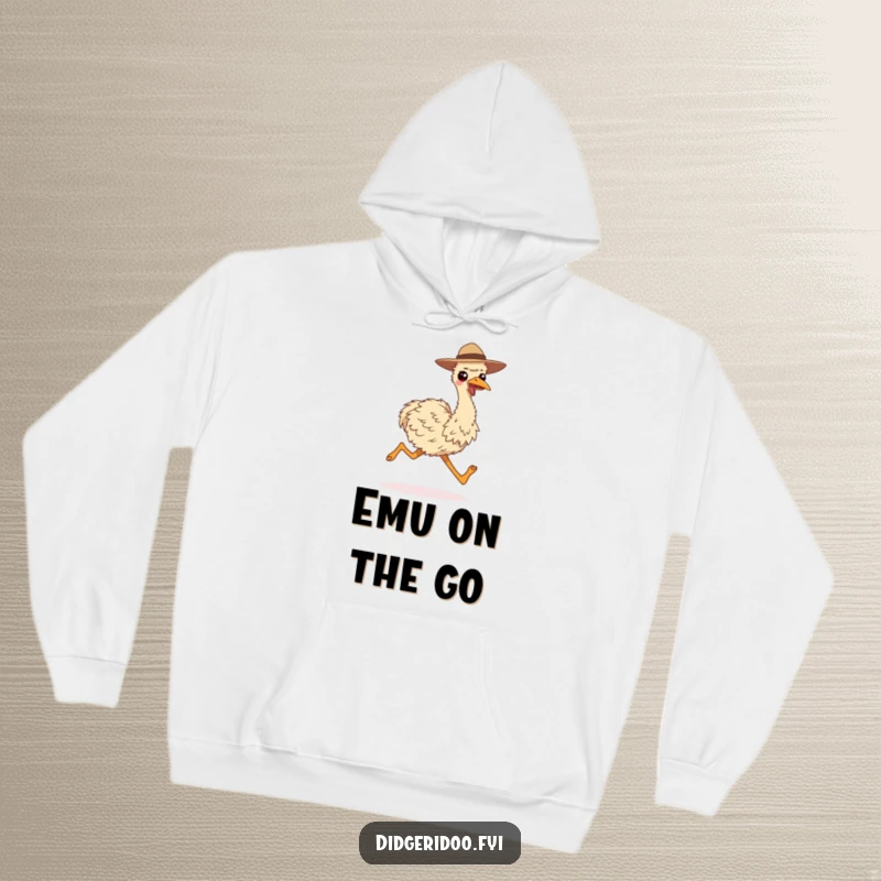 Funny hoodie design of a smiling emu wearing a hat, running with long strides, perfect for cozy active wear.