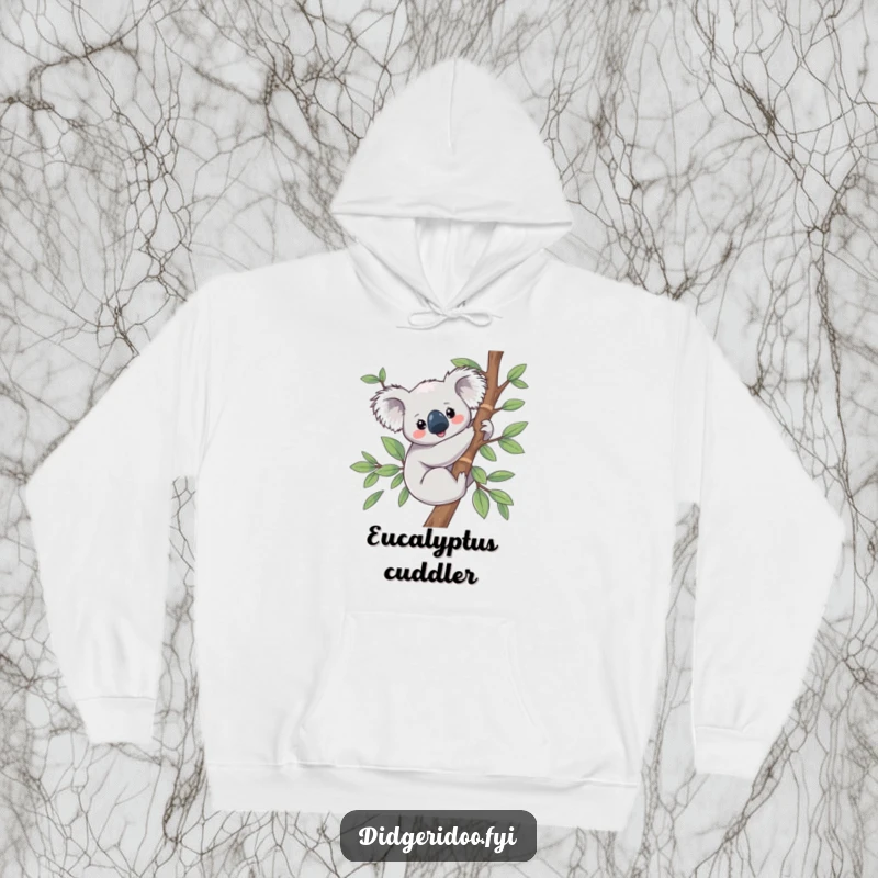 Funny Koala Hoodie showing a supremely content koala relaxed on a eucalyptus branch, offering warmth and charm.