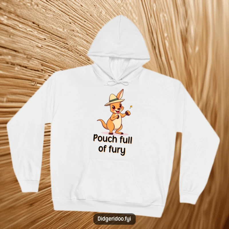 Funny hoodie featuring a delighted kangaroo wearing a tiny Akubra hat, playfully engaged in boxing, a cozy and spirited design.