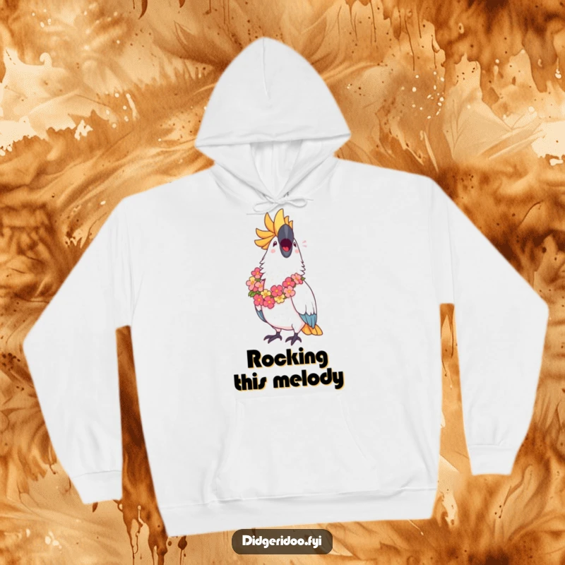 Funny Cockatoo Hoodie: A proud cockatoo in a lei sings passionately, radiating tropical charm and cheerful energy.