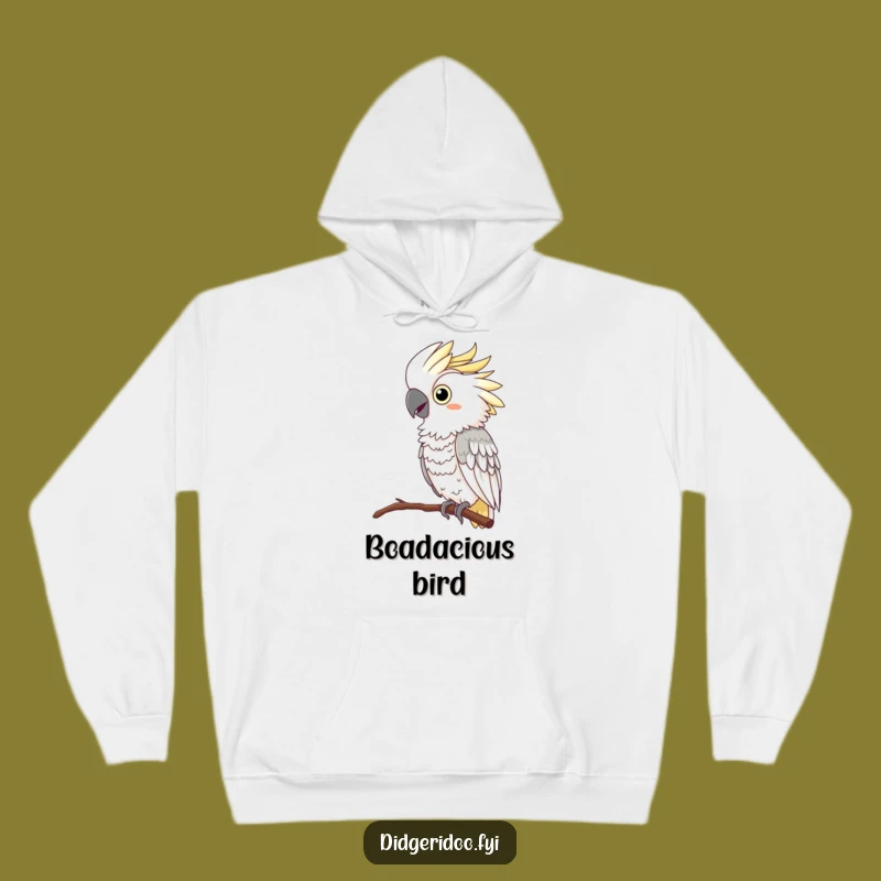 Funny Cockatoo Squawking Hoodie: Cozy hoodie with a curious cockatoo feather boa squawking, a warm funny gift.