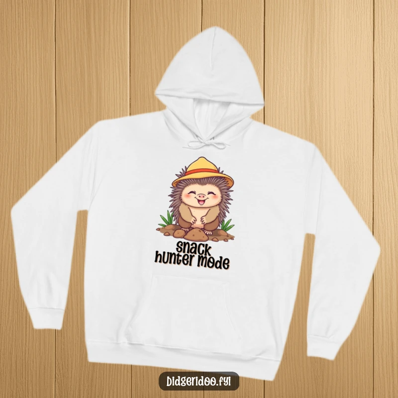 Funny Hoodie featuring a cheerful echidna wearing a sun hat, happily digging with a grin. Comfortable and humorous outdoor apparel.