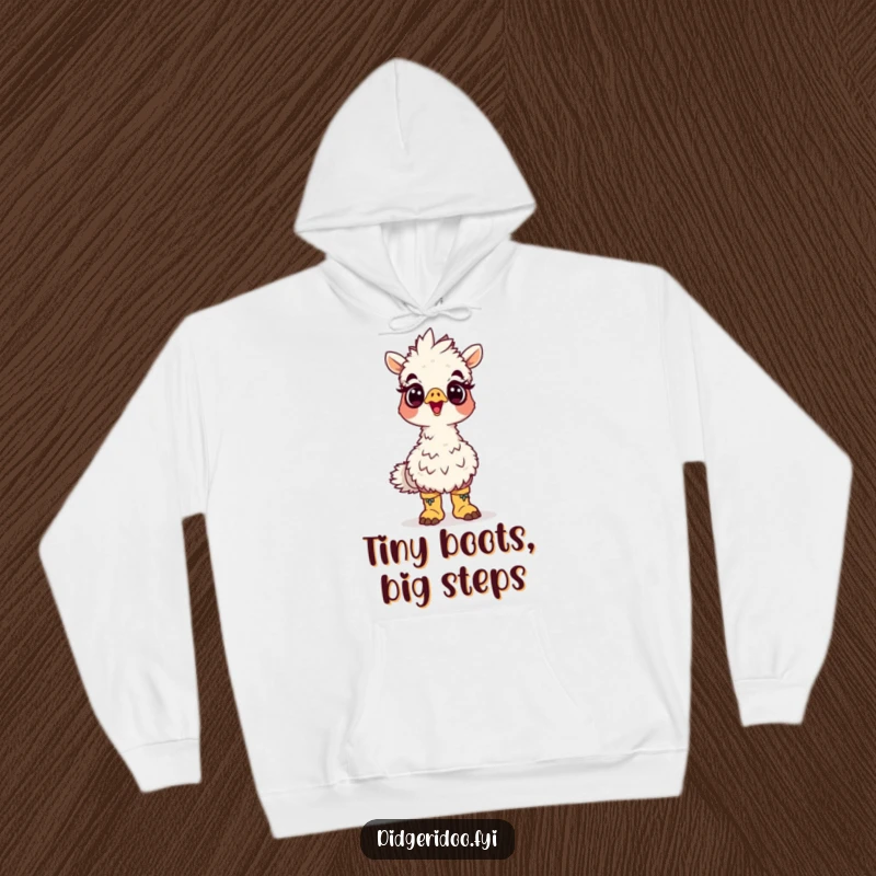 Funny emu boots hoodie featuring a surprised cartoon emu wearing tiny boots looking up, a warm and humorous clothing gift.