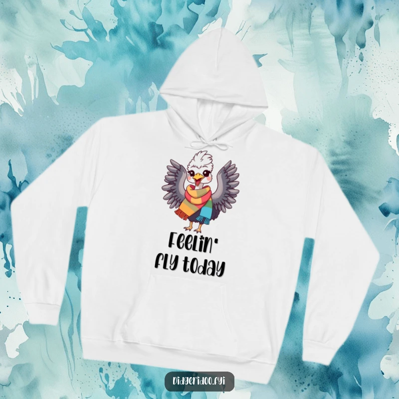 Funny Emu Hoodie: Cozy sweatshirt featuring a joyful emu in a colorful scarf, flapping wings in delight. Perfect funny gift.