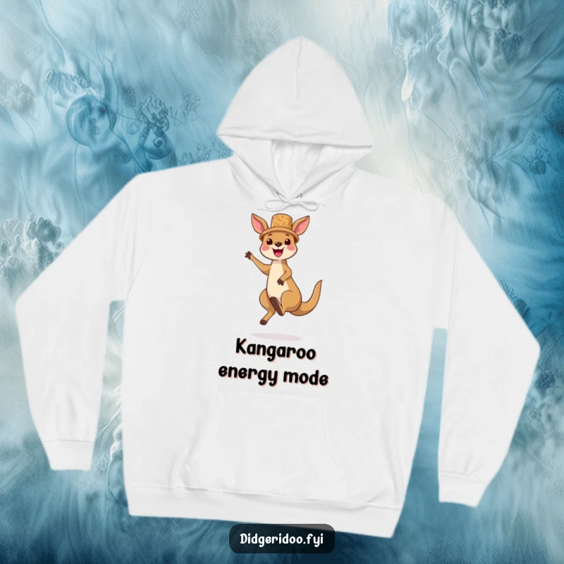 Funny kangaroo hoodie with a tiny cork hat, joyfully jumping high, offering warmth and a playful dose of Australian adventure humor.
