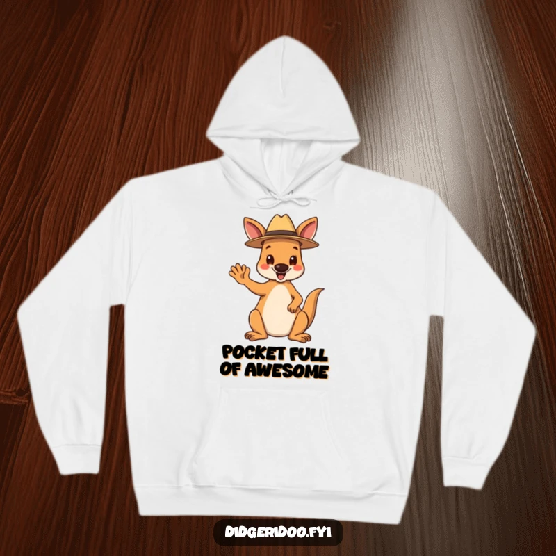 Funny Hoodie: A happy kangaroo wearing a tiny Akubra hat waves hello, a warm and humorous apparel choice.