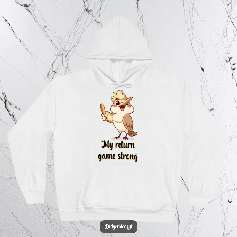 Funny, delighted kookaburra mid-boomerang throw, featured on a cozy hoodie, bringing Australian fun and warmth to your day.